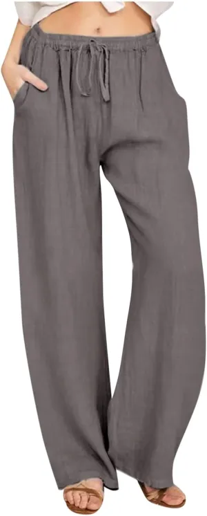 SHOPESSA Linen Wide Leg Pants Women Summer Palazzo Pants High Waisted Drawstring Lightweight Breathable Travel Casual Trouser