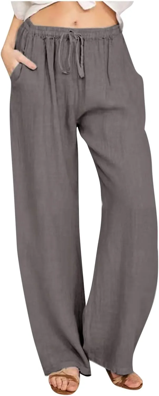 SHOPESSA Linen Wide Leg Pants Women Summer Palazzo Pants High Waisted Drawstring Lightweight Breathable Travel Casual Trouser