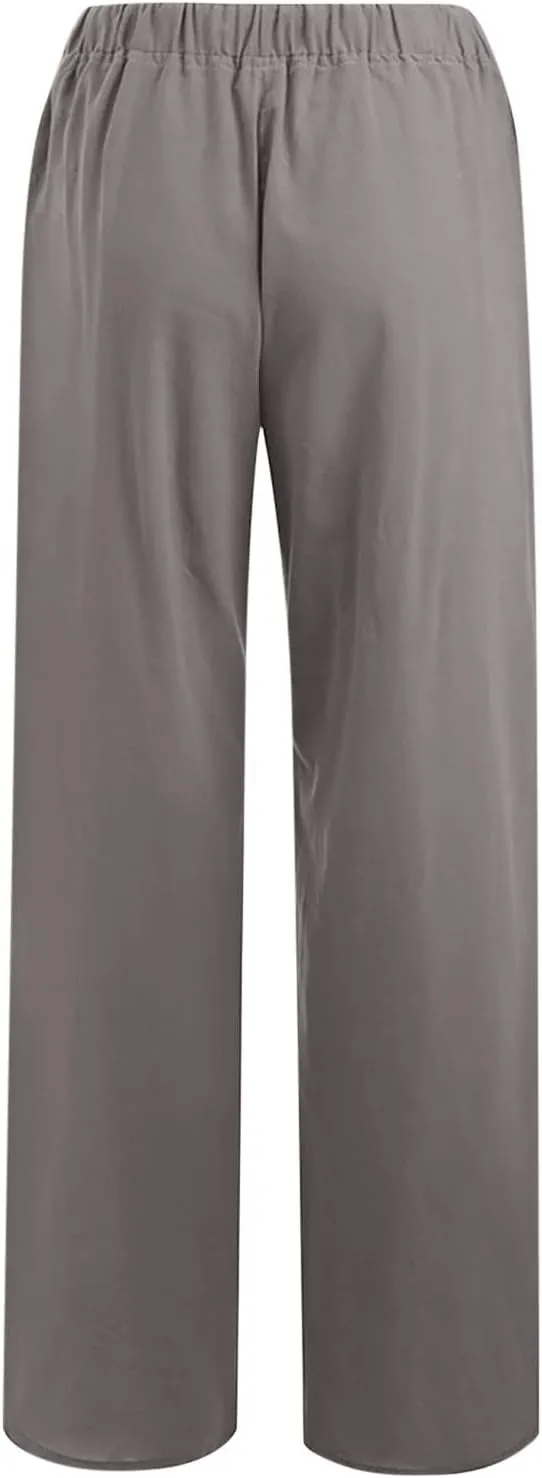 SHOPESSA Linen Wide Leg Pants Women Summer Palazzo Pants High Waisted Drawstring Lightweight Breathable Travel Casual Trouser