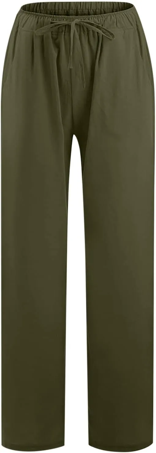 SHOPESSA Linen Wide Leg Pants Women Summer Palazzo Pants High Waisted Drawstring Lightweight Breathable Travel Casual Trouser
