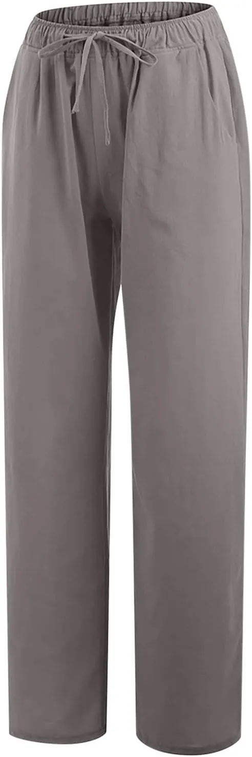 SHOPESSA Linen Wide Leg Pants Women Summer Palazzo Pants High Waisted Drawstring Lightweight Breathable Travel Casual Trouser