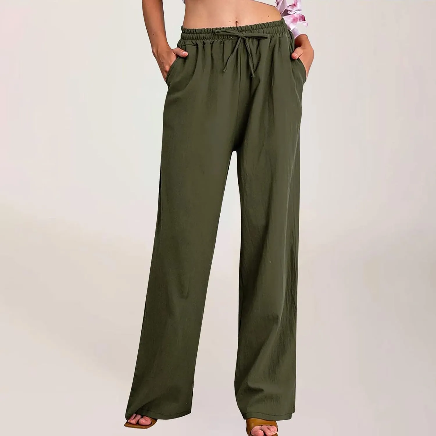 SHOPESSA Linen Wide Leg Pants Women Summer Palazzo Pants High Waisted Drawstring Lightweight Breathable Travel Casual Trouser