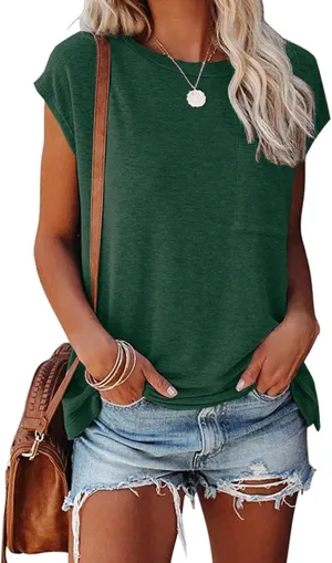 Smile Fish Womens Summer Short Cap Sleeve Shirts Solid Loose Fit Pocket Tunic Tops
