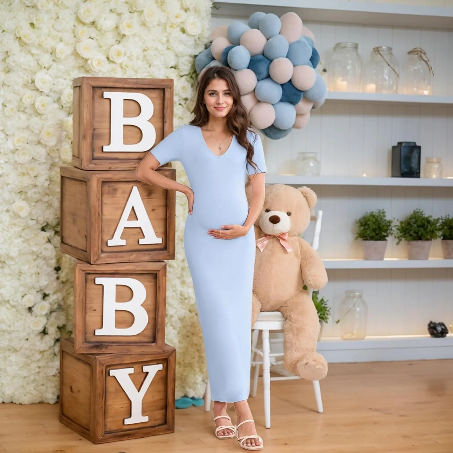 Stretchy Ribbed Maternity Maxi Dress - V-Neck Short Sleeve Pregnancy Bodycon Dress for Photoshoot, Baby Shower