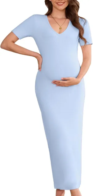 Stretchy Ribbed Maternity Maxi Dress - V-Neck Short Sleeve Pregnancy Bodycon Dress for Photoshoot, Baby Shower