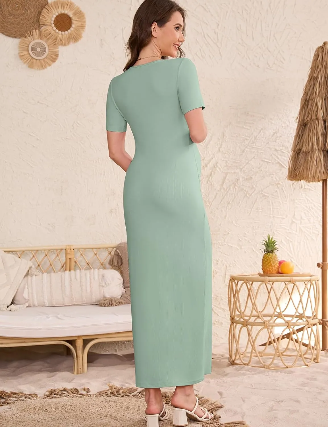 Stretchy Ribbed Maternity Maxi Dress - V-Neck Short Sleeve Pregnancy Bodycon Dress for Photoshoot, Baby Shower