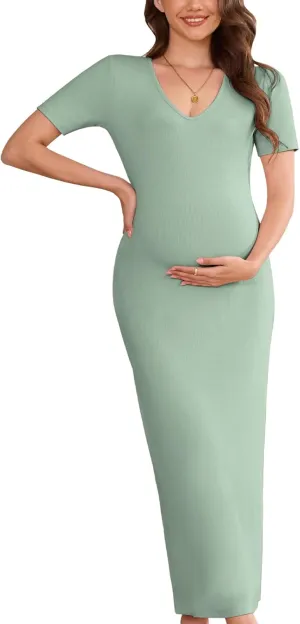 Stretchy Ribbed Maternity Maxi Dress - V-Neck Short Sleeve Pregnancy Bodycon Dress for Photoshoot, Baby Shower