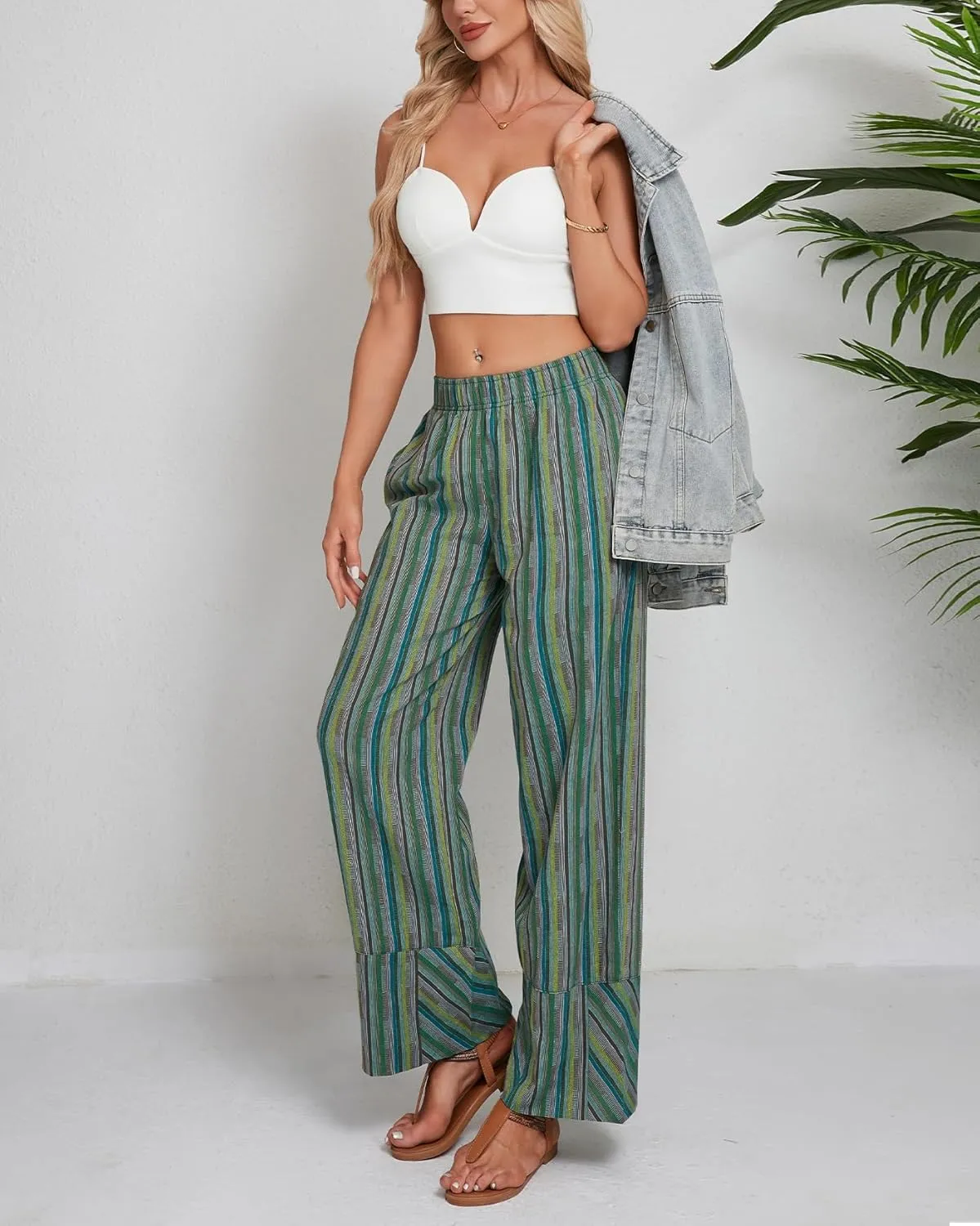 Striped Palazzo Pants for Women Summer Casual Elastic High Waisted Wide Leg Beach Pants Travel Vacation Outfits