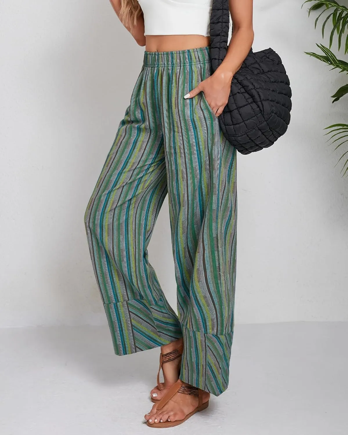 Striped Palazzo Pants for Women Summer Casual Elastic High Waisted Wide Leg Beach Pants Travel Vacation Outfits