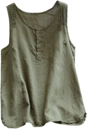 Tank Top for Women Linen Sleeveless V Neck Vintage Loose Fit Button T Shirts Casual Plus Size Summer Trendy Vest