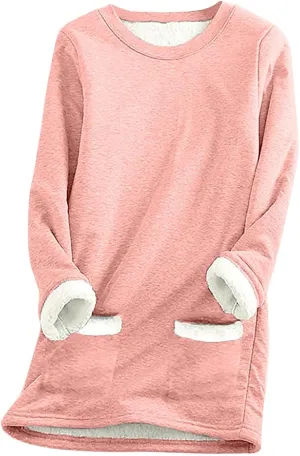 Thermal Underwear for Women Warm Sherpa Lined Fleece Crewneck Sweatshirt Fuzzy Long Sleeve Pullover Loungewear Tops