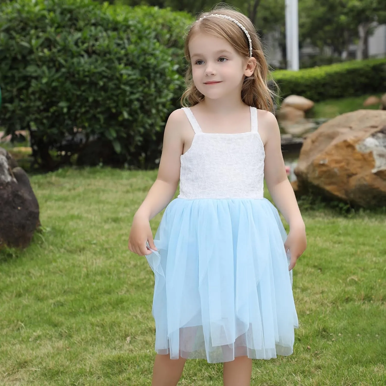 Toddler Girls Soft Lace Dress Sundress Cami Straps Tutu Tulle Dress Elegant Wedding Party Birthday Dresses, 1-5Years