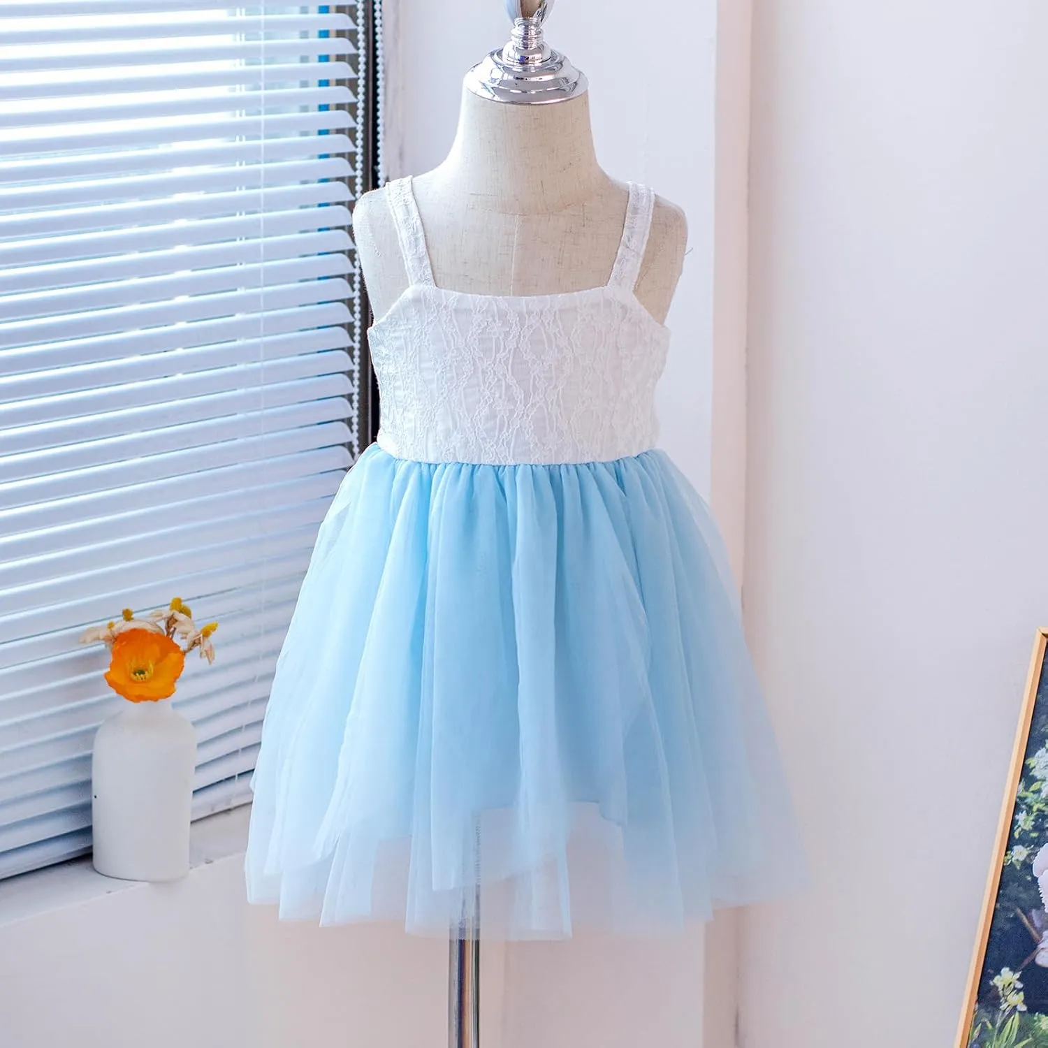 Toddler Girls Soft Lace Dress Sundress Cami Straps Tutu Tulle Dress Elegant Wedding Party Birthday Dresses, 1-5Years