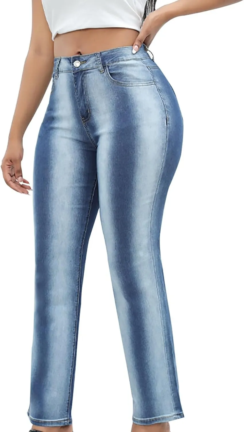 Tummy Control Jeans for Women Trendy Gradient Color High Waisted Baggy Jeans Casual Slim Stretch Denim Pants