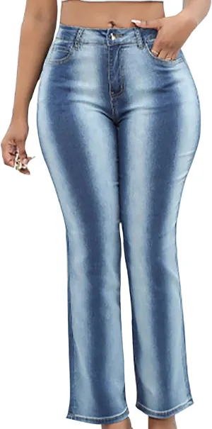 Tummy Control Jeans for Women Trendy Gradient Color High Waisted Baggy Jeans Casual Slim Stretch Denim Pants
