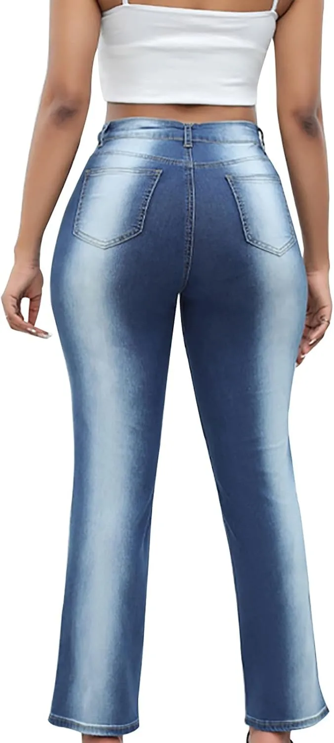 Tummy Control Jeans for Women Trendy Gradient Color High Waisted Baggy Jeans Casual Slim Stretch Denim Pants