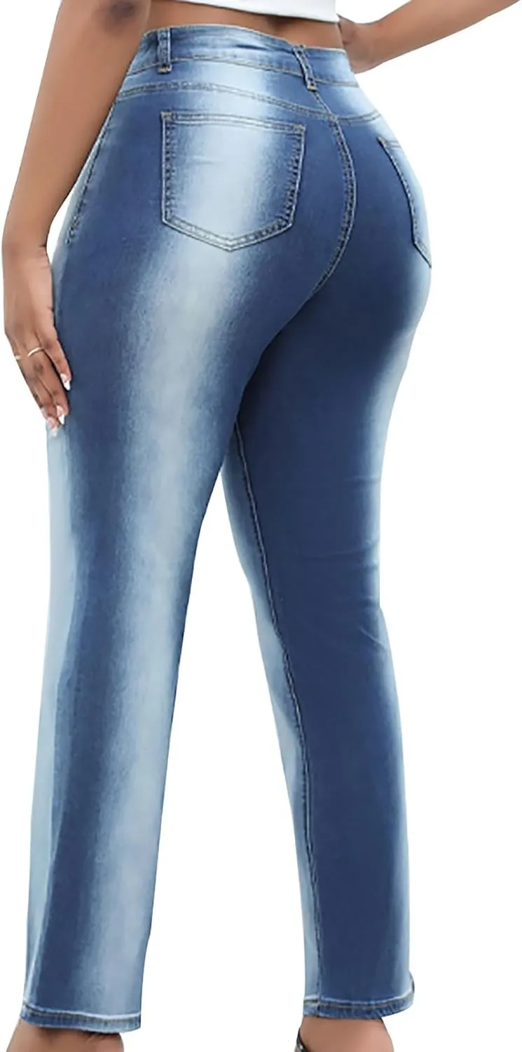 Tummy Control Jeans for Women Trendy Gradient Color High Waisted Baggy Jeans Casual Slim Stretch Denim Pants