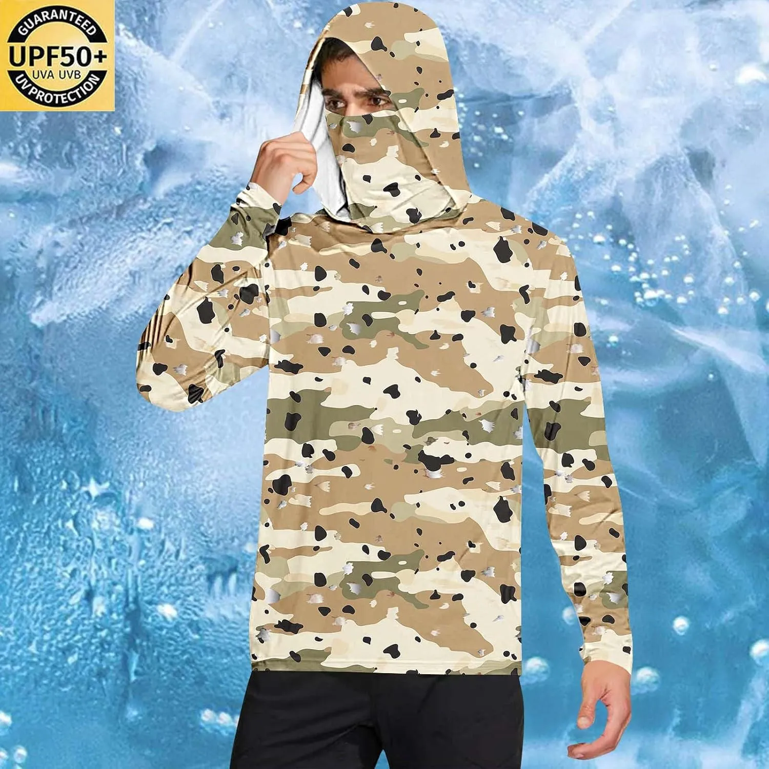 UPF 50  Light Jacket for Men Graphic Camo Hiking UV Fishing Shirts Full Zip Athletic Lightweight Hoodie with Mask
