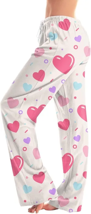 Valentines Day Print Pajamas Pant Womens Elastic Waist Cute Heart Sleepwear Pants S-3XL