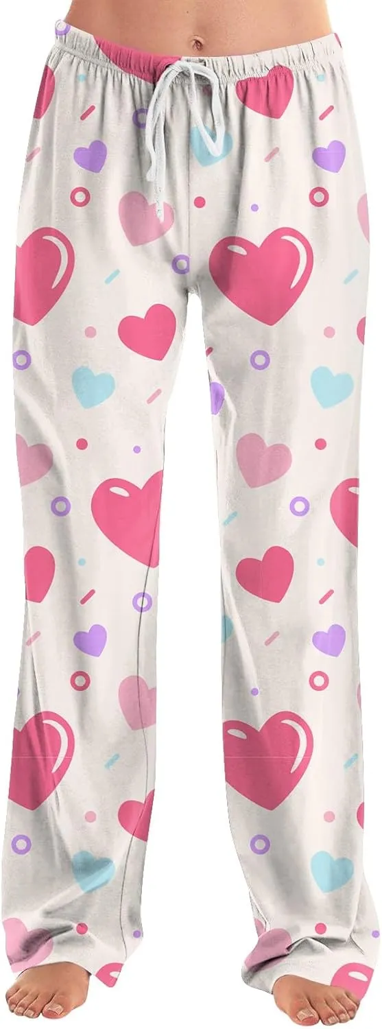 Valentines Day Print Pajamas Pant Womens Elastic Waist Cute Heart Sleepwear Pants S-3XL