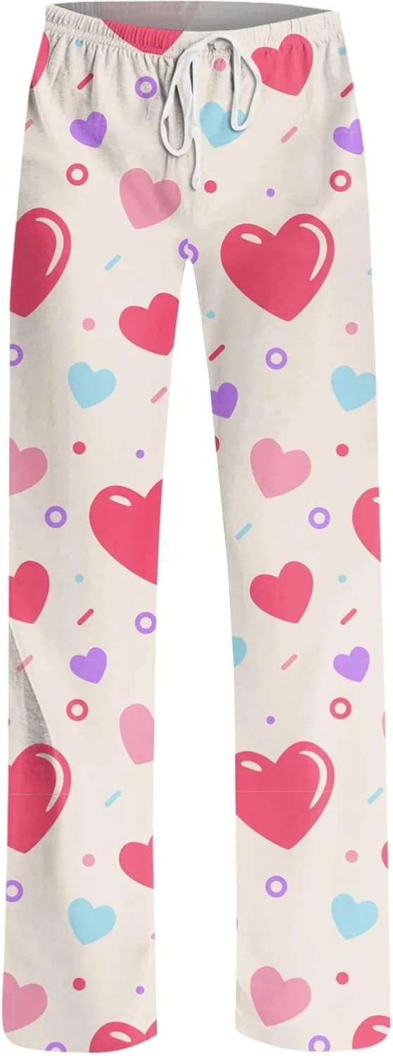 Valentines Day Print Pajamas Pant Womens Elastic Waist Cute Heart Sleepwear Pants S-3XL