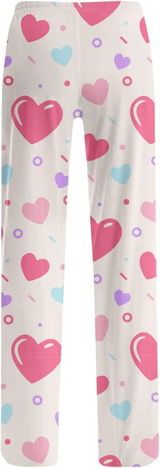 Valentines Day Print Pajamas Pant Womens Elastic Waist Cute Heart Sleepwear Pants S-3XL