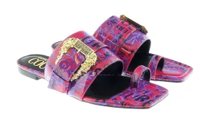 Versace Jeans Couture Purple Red Logo Baroque Flat Slip On Mule Sandals-