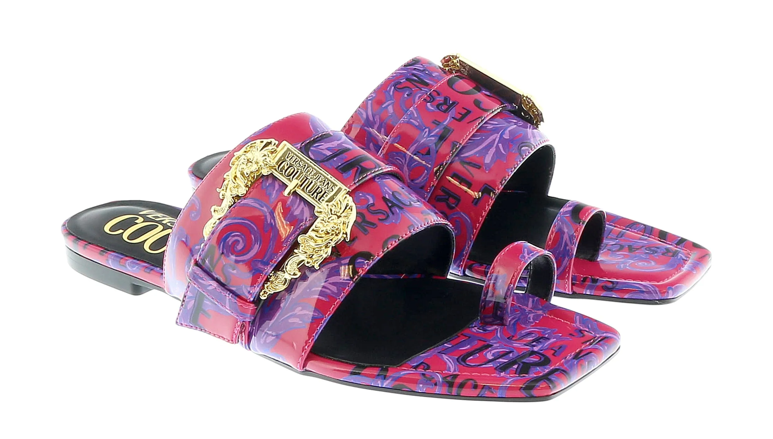 Versace Jeans Couture Purple Red Logo Baroque Flat Slip On Mule Sandals-