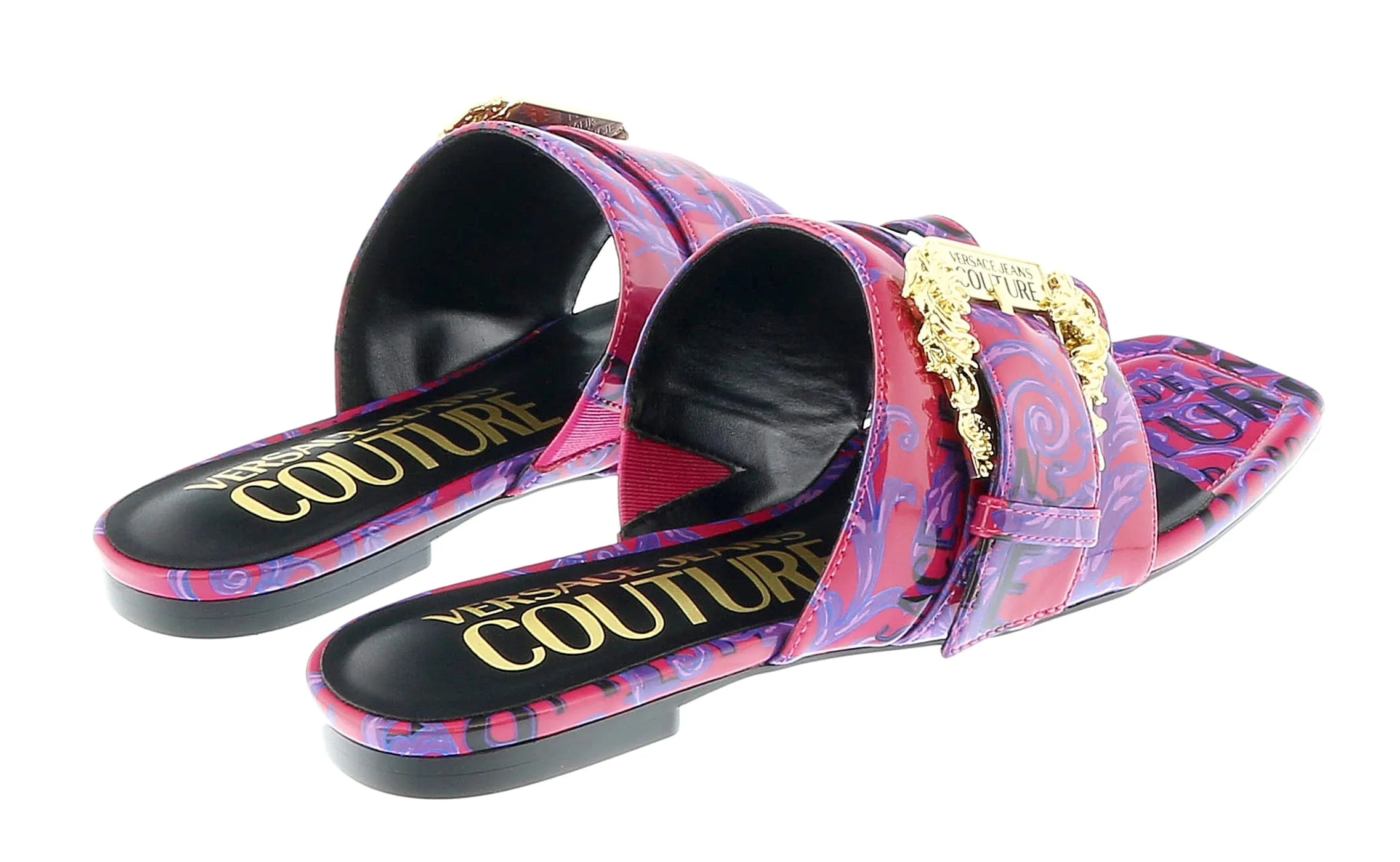 Versace Jeans Couture Purple Red Logo Baroque Flat Slip On Mule Sandals-