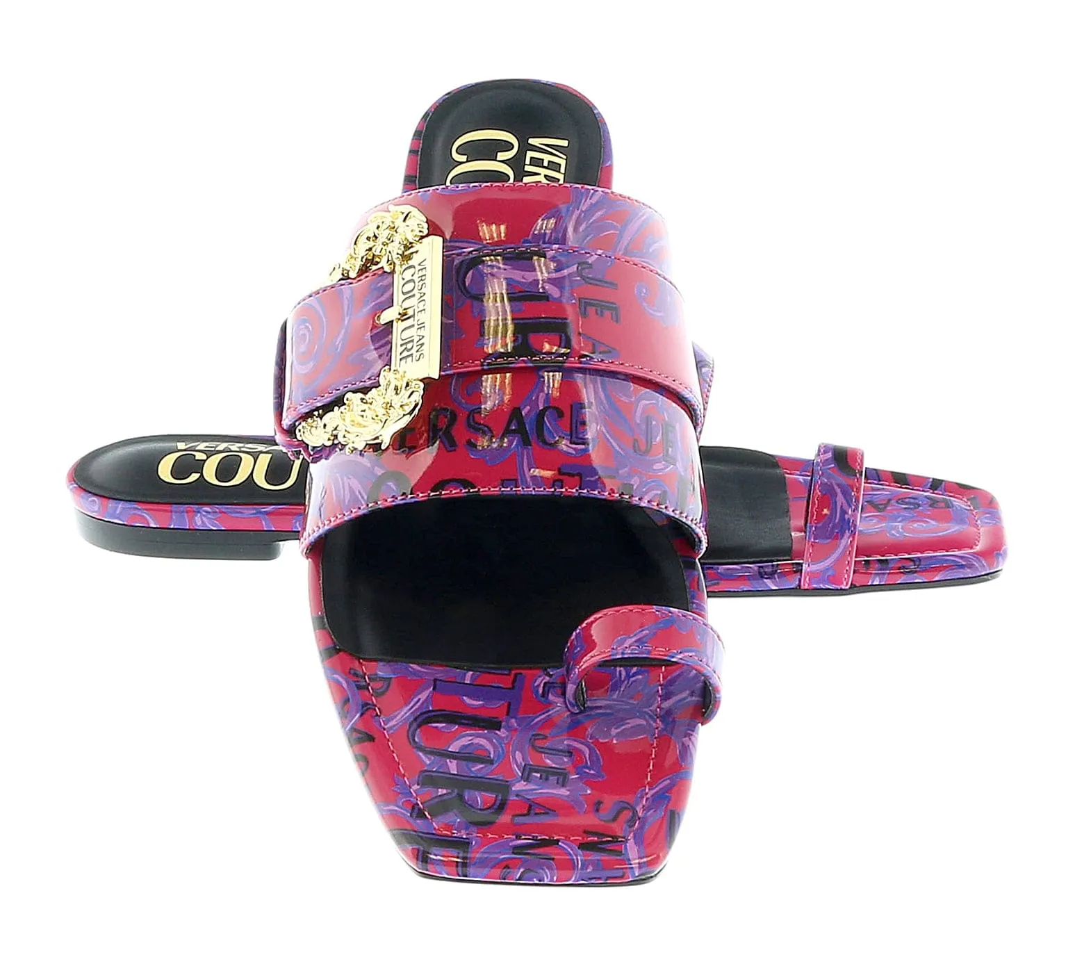 Versace Jeans Couture Purple Red Logo Baroque Flat Slip On Mule Sandals-