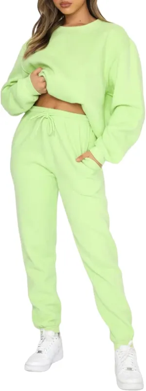 Viatabuna Women's 2 Piece Fleece Sweatsuit Outfit Long Sleeve Crewneck Pullover Sweatshirt Drawstring Jogger Pants Lounge Set