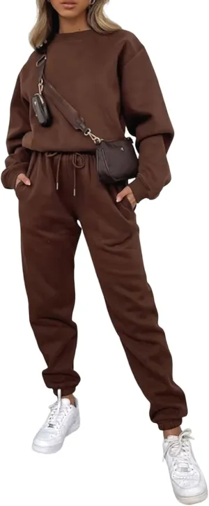 Viatabuna Women's 2 Piece Fleece Sweatsuit Outfit Long Sleeve Crewneck Pullover Sweatshirt Drawstring Jogger Pants Lounge Set