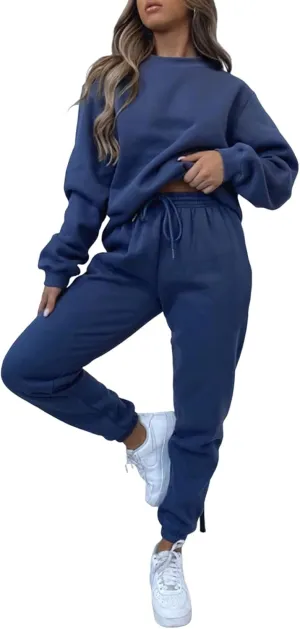 Viatabuna Women's 2 Piece Fleece Sweatsuit Outfit Long Sleeve Crewneck Pullover Sweatshirt Drawstring Jogger Pants Lounge Set