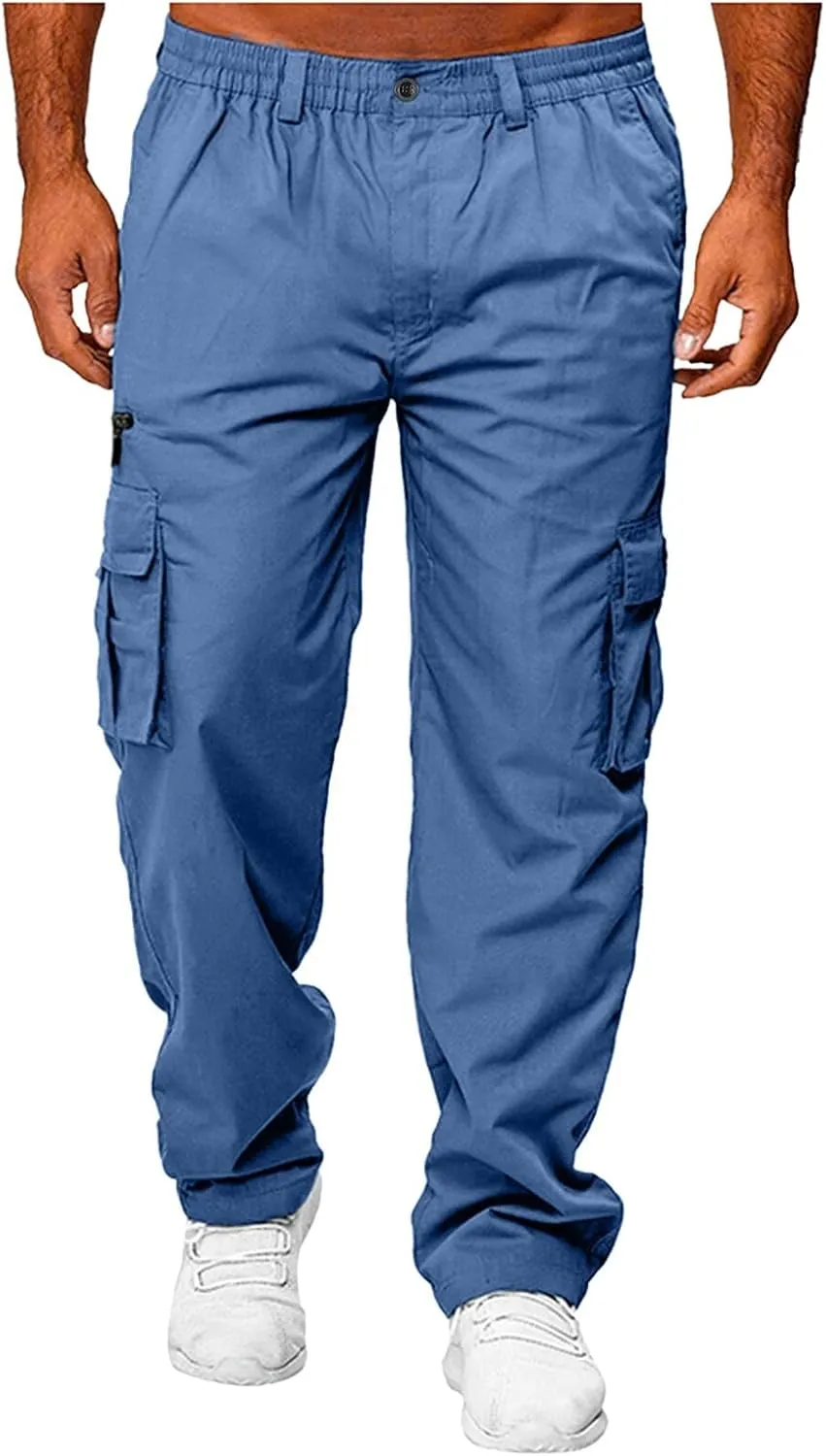 Vickyleb Mens Cargo Pants Elastic Waist Loose Fit Cotton Casual Lightweight Workwear Joggers Pants with Multi-Pockets