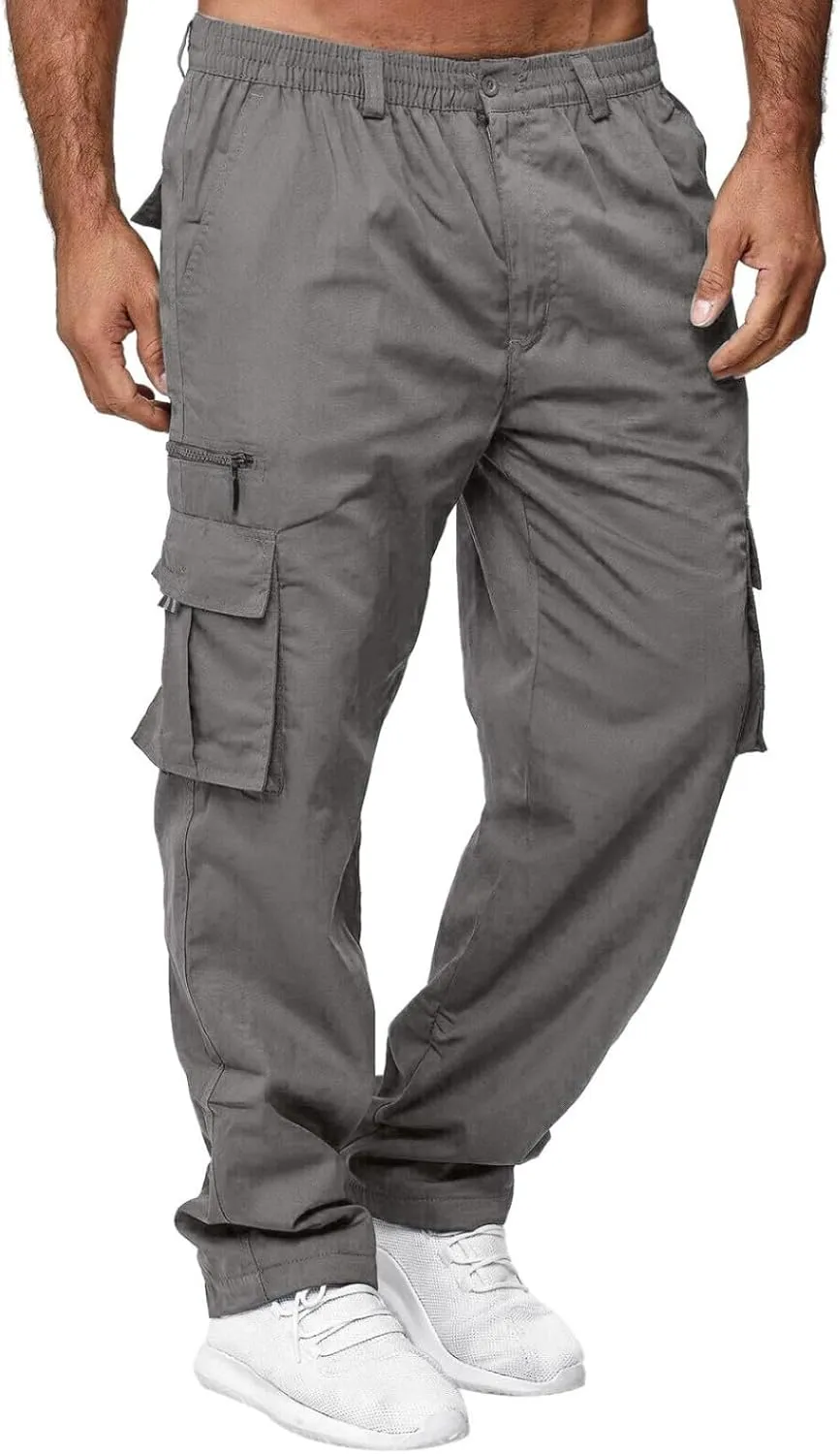 Vickyleb Mens Cargo Pants Elastic Waist Loose Fit Cotton Casual Lightweight Workwear Joggers Pants with Multi-Pockets