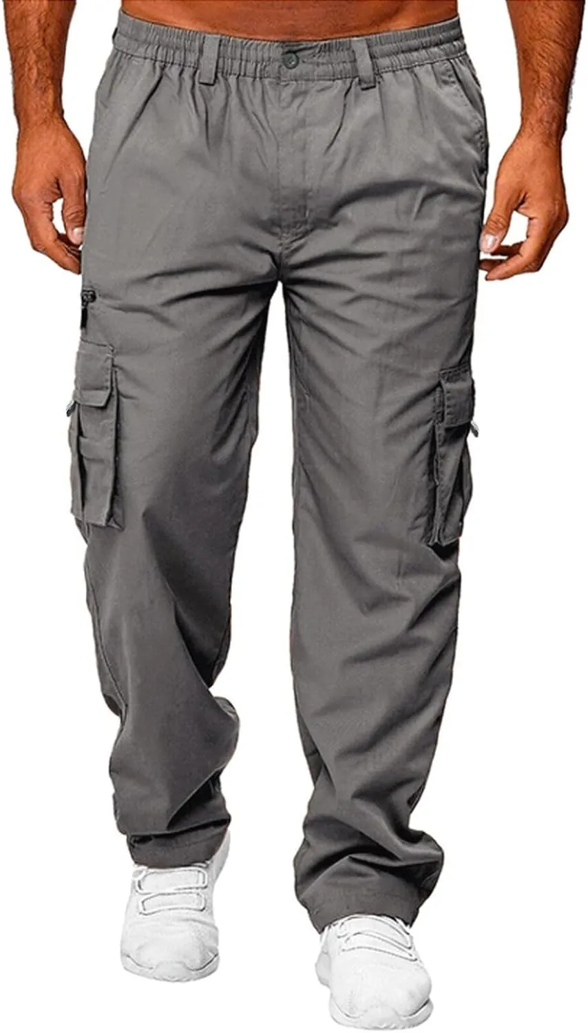 Vickyleb Mens Cargo Pants Elastic Waist Loose Fit Cotton Casual Lightweight Workwear Joggers Pants with Multi-Pockets