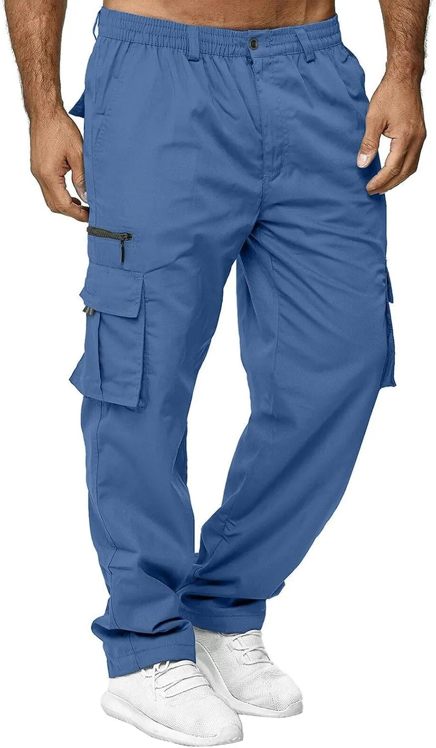 Vickyleb Mens Cargo Pants Elastic Waist Loose Fit Cotton Casual Lightweight Workwear Joggers Pants with Multi-Pockets