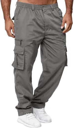 Vickyleb Mens Cargo Pants Elastic Waist Loose Fit Cotton Casual Lightweight Workwear Joggers Pants with Multi-Pockets