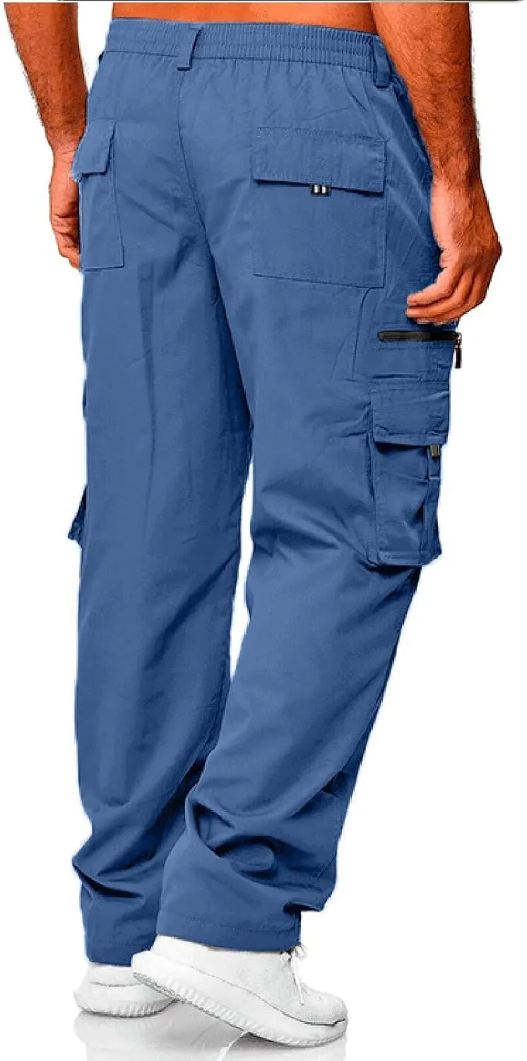 Vickyleb Mens Cargo Pants Elastic Waist Loose Fit Cotton Casual Lightweight Workwear Joggers Pants with Multi-Pockets