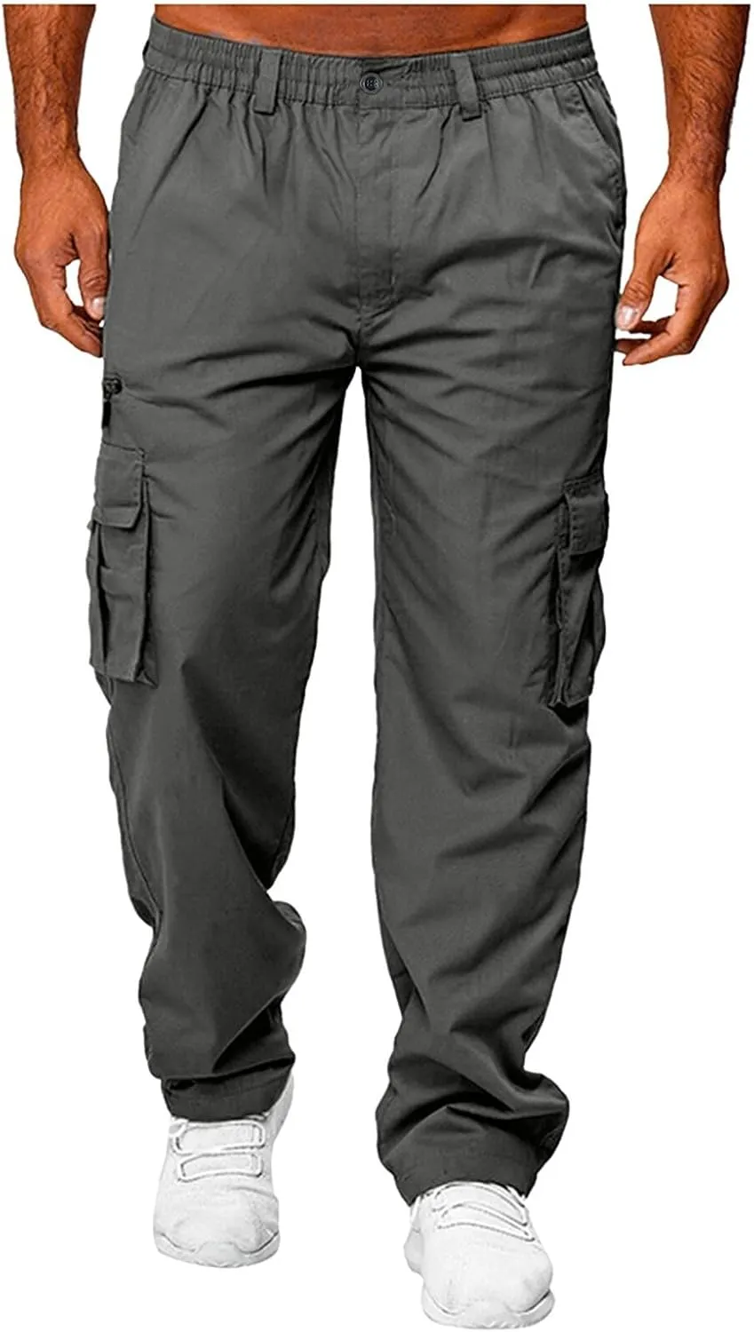 Vickyleb Mens Cargo Pants Elastic Waist Loose Fit Cotton Casual Lightweight Workwear Joggers Pants with Multi-Pockets