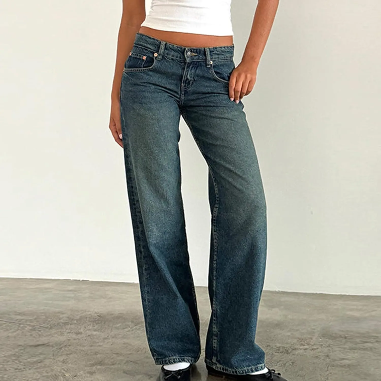 Vintage High Waisted Straight Leg Jeans for Women Relaxed Fit Stretch Denim Casual Wear with Pocket Details Streetwear