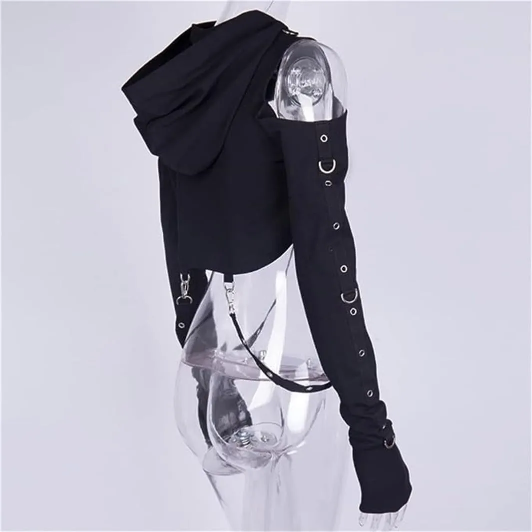 win2win Goth Crop Top Hoodies For Women Punk Gothic Sweatshirt Hoodie Rave Festival Long Sleeve Emo Aesthetic Tops