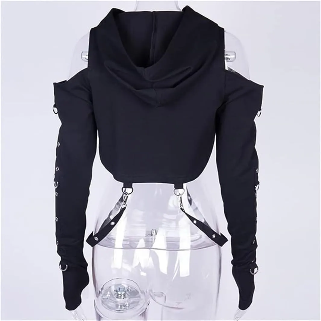 win2win Goth Crop Top Hoodies For Women Punk Gothic Sweatshirt Hoodie Rave Festival Long Sleeve Emo Aesthetic Tops