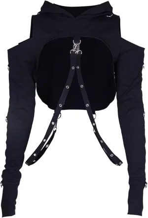 win2win Goth Crop Top Hoodies For Women Punk Gothic Sweatshirt Hoodie Rave Festival Long Sleeve Emo Aesthetic Tops