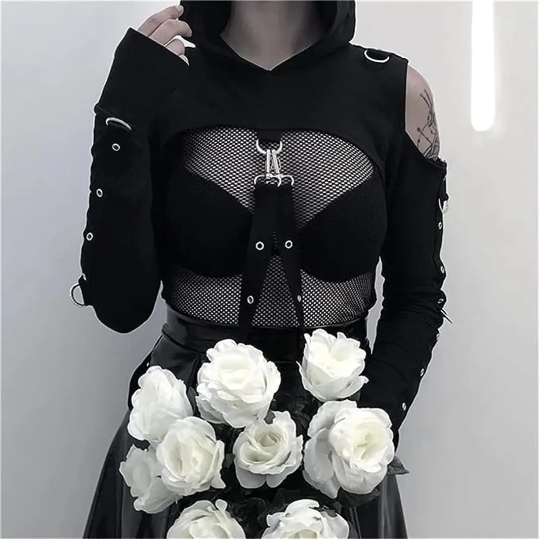 win2win Goth Crop Top Hoodies For Women Punk Gothic Sweatshirt Hoodie Rave Festival Long Sleeve Emo Aesthetic Tops