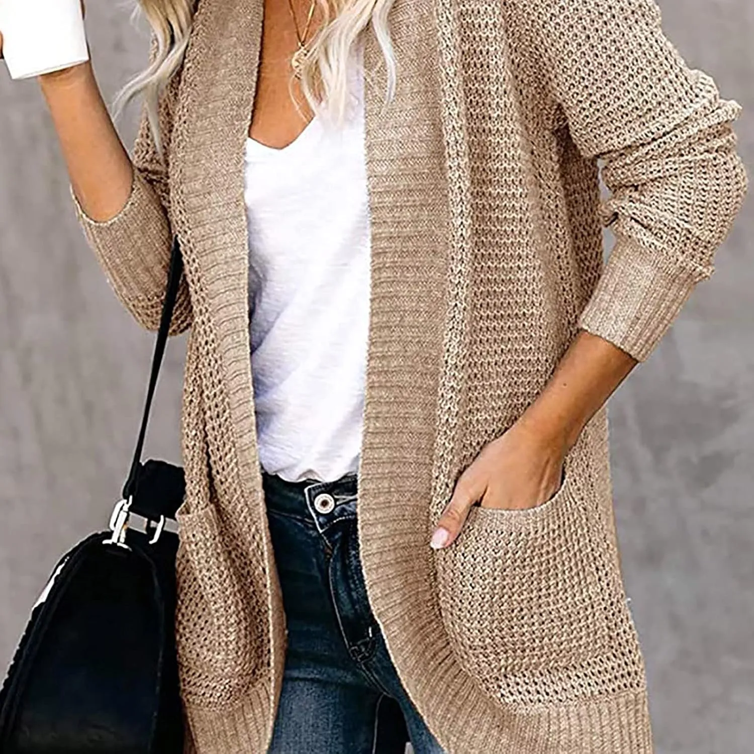 Wkishenl Womens Loose Open Front Cardigan Long Sleeve Chunky Coat Casual Lightweight Soft Knit Sweaters Outwear with Pockets