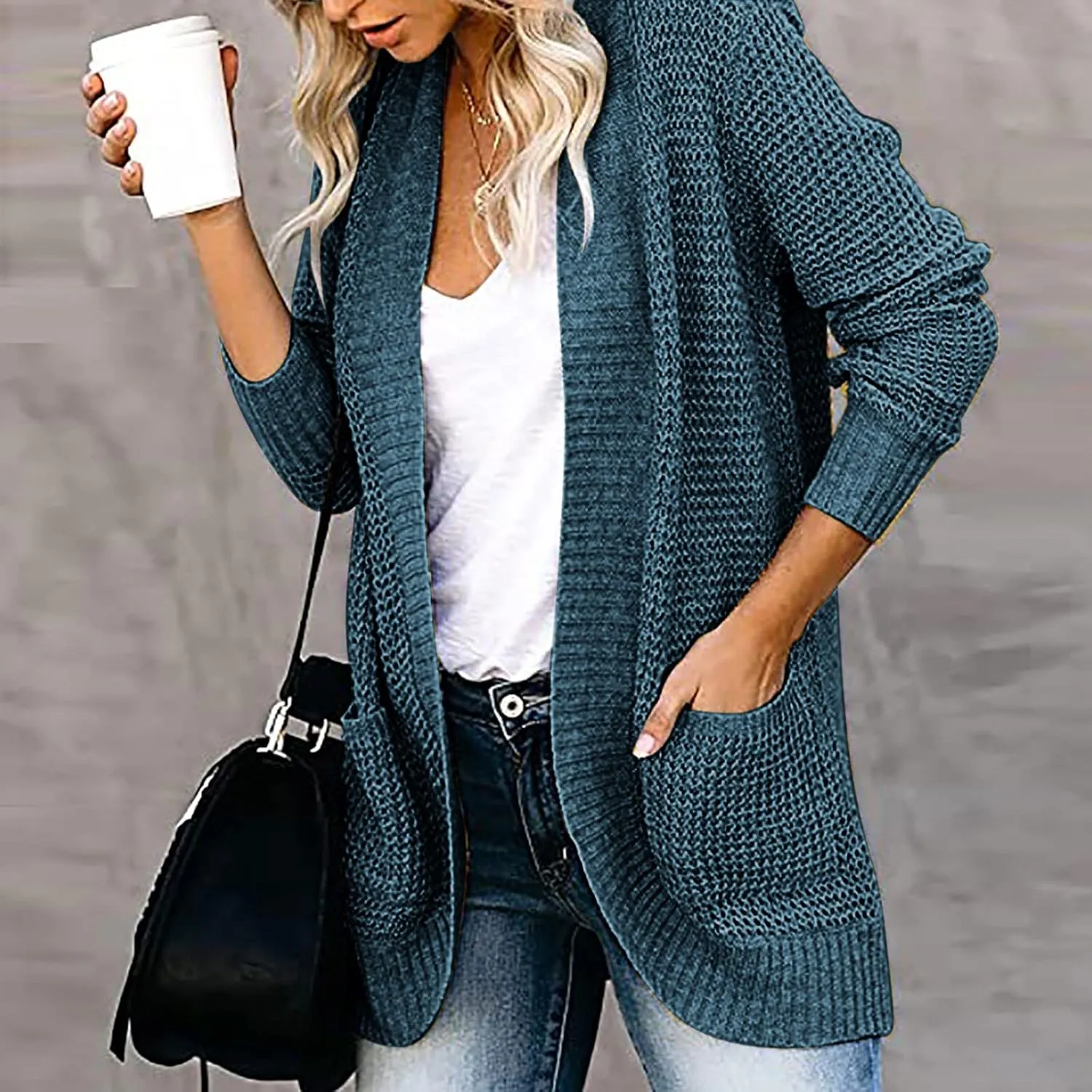 Wkishenl Womens Loose Open Front Cardigan Long Sleeve Chunky Coat Casual Lightweight Soft Knit Sweaters Outwear with Pockets