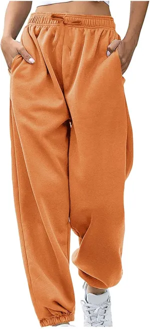 Women Basic Fleece Sweatpants High Waisted Drawstring Cinch Bottom Trousers Baggy Lounge Sporty Jogger Pant Pocketed