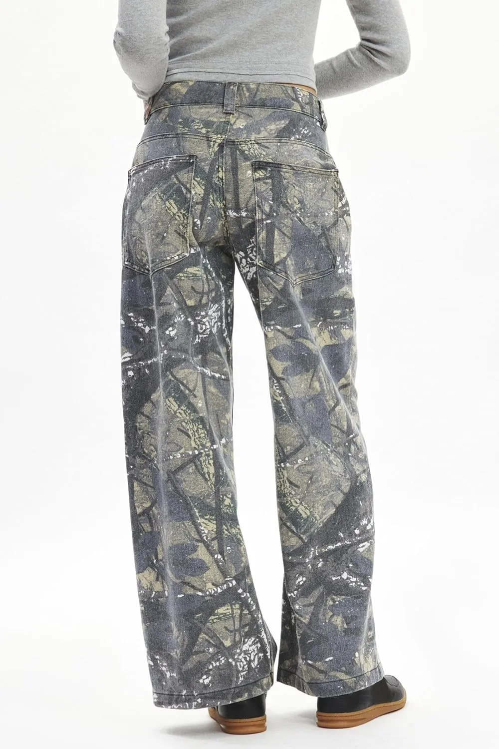 Women Camo Jeans Wide Leg Denim Pants Mid Waist Baggy Jeans Trousers