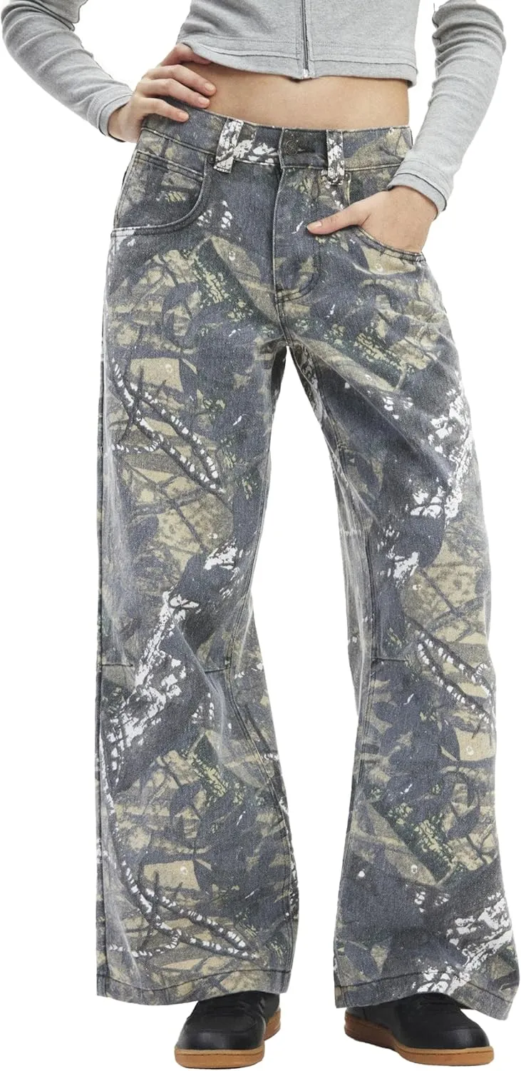 Women Camo Jeans Wide Leg Denim Pants Mid Waist Baggy Jeans Trousers